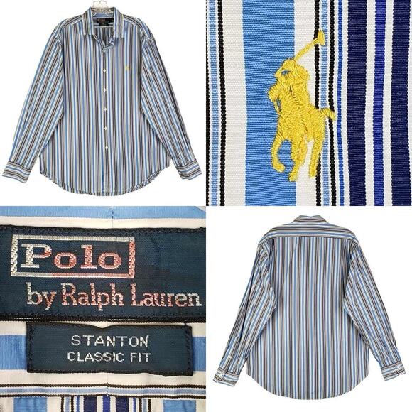 Polo Ralph Lauren Shirt Oxford Button Down Mens Size Large Blue Stripe Stanton - Picture 1 of 11